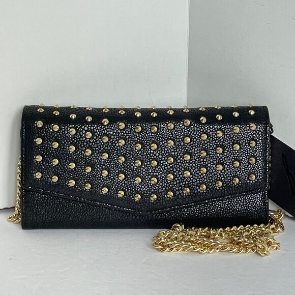 Brian Atwood Clutch Chain Wallet Small Black Leather Crossbody Gold Studded